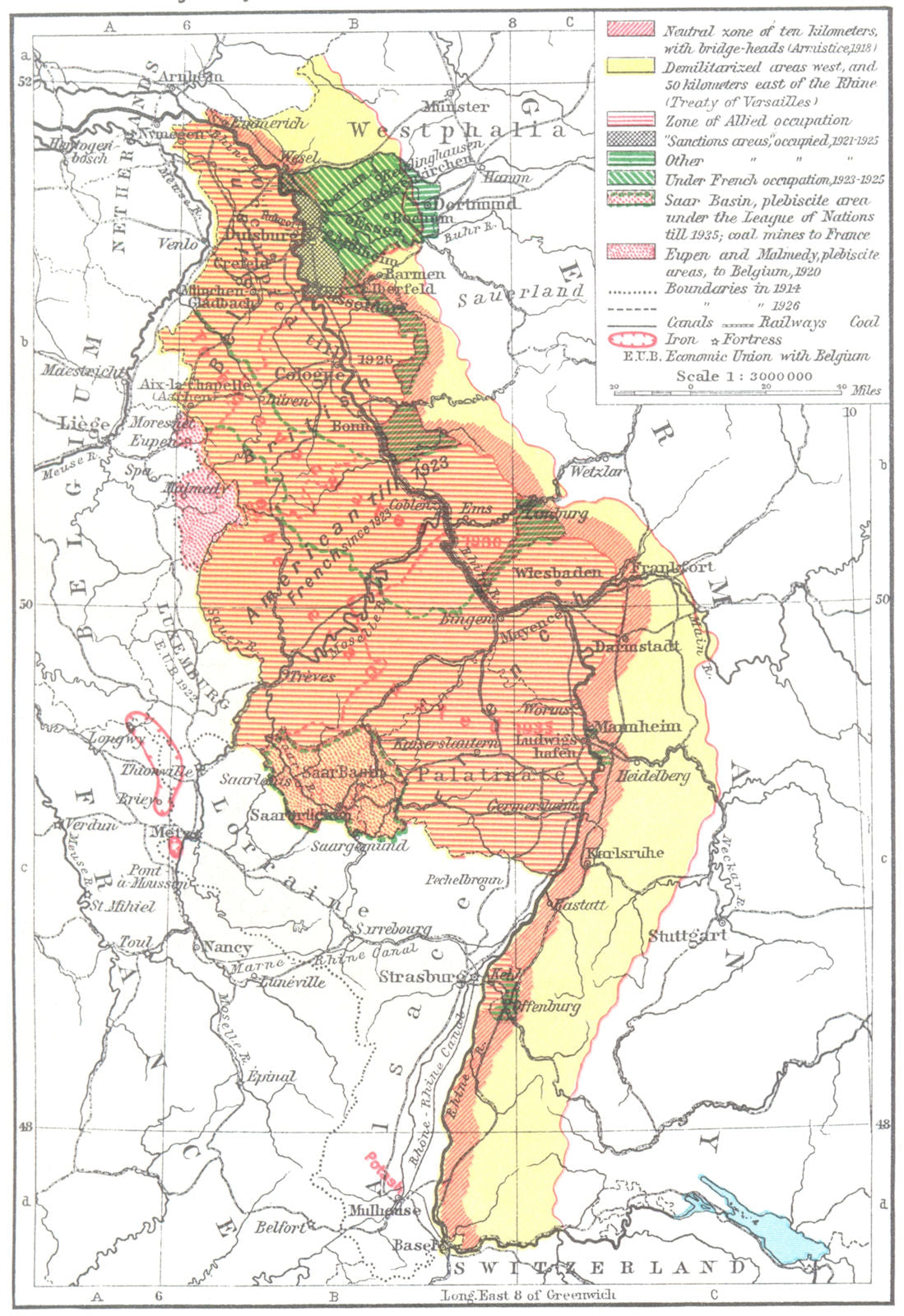 GERMANY. Treaty Adjustments, 1919-1926 The Rhineland 1956 old vintage map